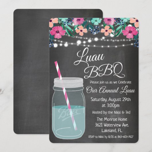 Invitation de pot de mason Luau Aloha (Devant / Derrière)