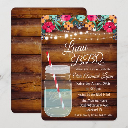 Invitation de pot de mason Luau Aloha (Devant / Derrière)