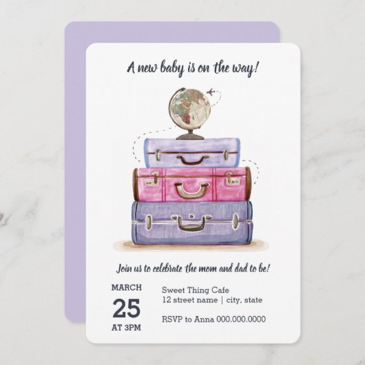 Invitation de pourpre de baby shower de thème de (Devant / Derrière)