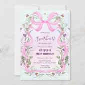Invitation de premier anniversaire à ruban rose fl (Devant)