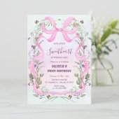Invitation de premier anniversaire à ruban rose fl (Debout devant)
