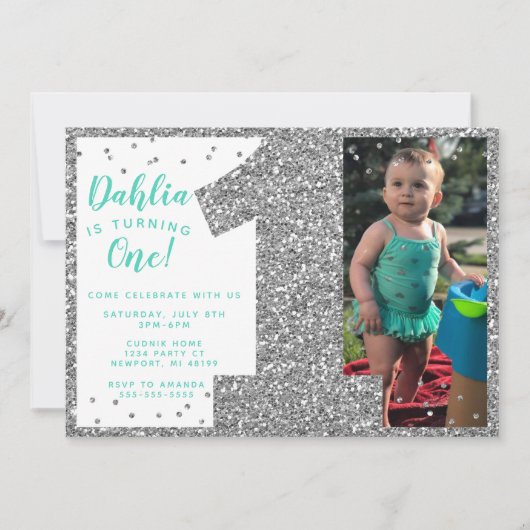 Invitation de premier anniversaire argentée, faux (Devant)