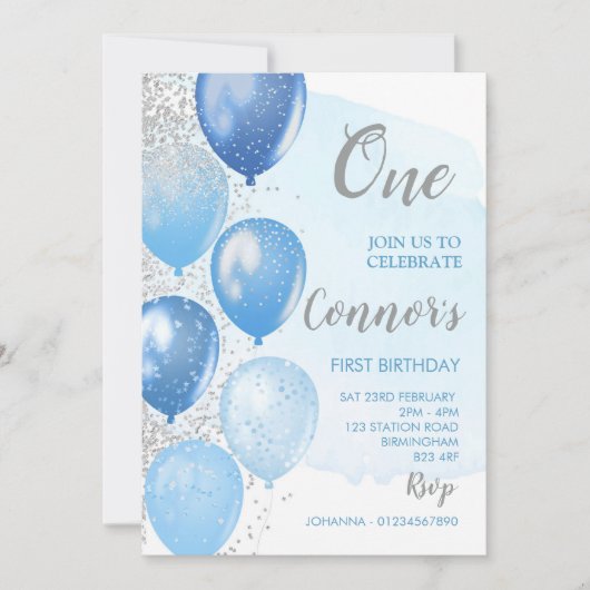 Invitation de premier anniversaire bleu et argent (Devant)