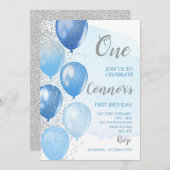 Invitation de premier anniversaire bleu et argent (Devant / Derrière)