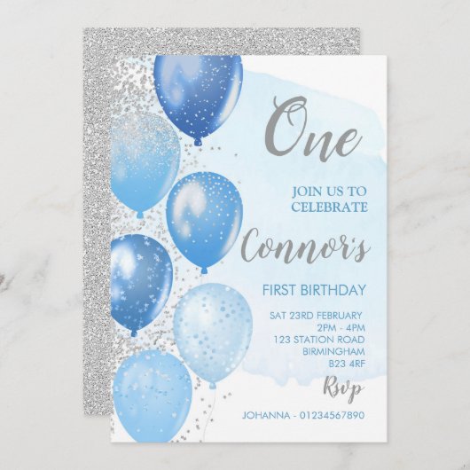 Invitation de premier anniversaire bleu et argent (Devant / Derrière)