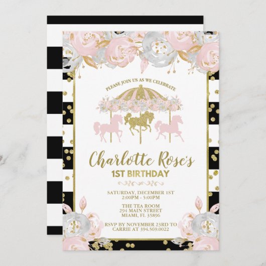Invitation de premier anniversaire Carousel rose e (Devant / Derrière)