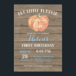 Invitation de premier anniversaire Citrouille Rust<br><div class="desc">Invitation de premier anniversaire Citrouille Rustique. Fond en bois rustique. Bleu. Invitation pour garçon ou fille pour un anniversaire. 1er 2ème 3ème 4ème 5ème 6ème 7ème 8ème 9ème 10ème, tous âges. Pour une personnalisation supplémentaire, veuillez cliquer sur le bouton "Personnaliser" et utiliser notre outil de conception pour modifier ce modèle....</div>