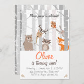 Invitation de premier anniversaire de forêt Animau (Devant / Derrière)