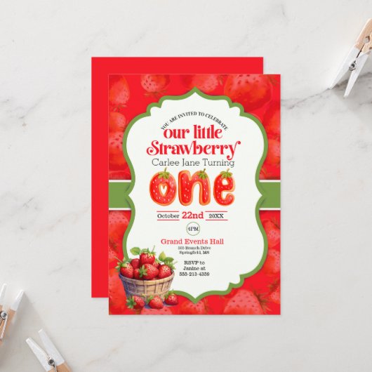 Invitation de premier anniversaire de fraise (Devant/Arrière en situation)