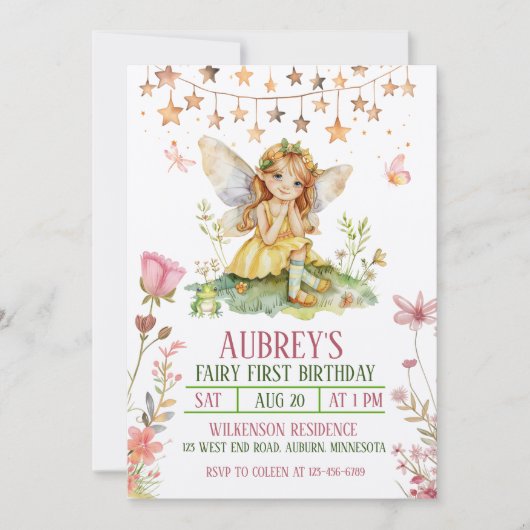 Invitation de premier anniversaire de la fée de fo (Devant)