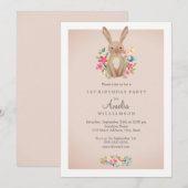Invitation de premier anniversaire de lapin floral (Devant / Derrière)