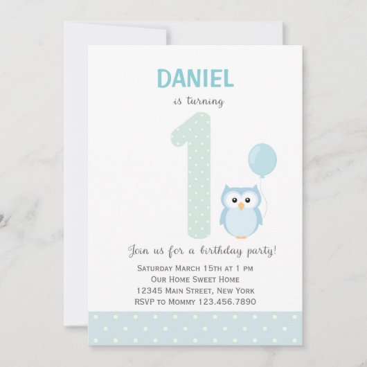 Invitation de premier anniversaire de Owl (bleu) (Devant)