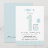 Invitation de premier anniversaire de Owl (bleu) (Devant / Derrière)