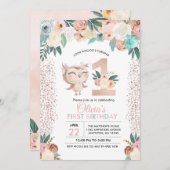 Invitation de premier anniversaire de Peachy Owl (Devant / Derrière)