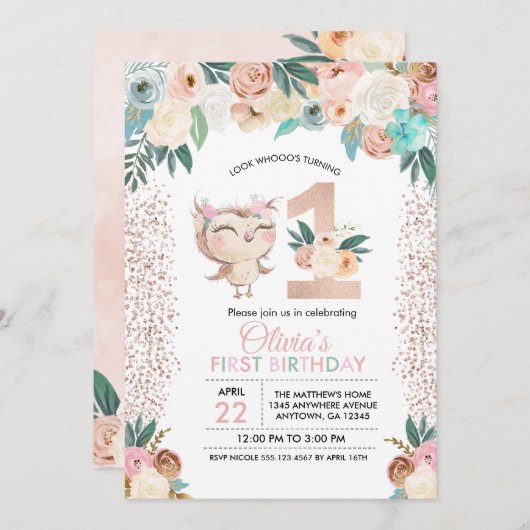 Invitation de premier anniversaire de Peachy Owl (Devant / Derrière)