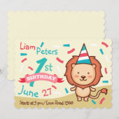 Invitation de premier anniversaire du lion joyeux (Devant / Derrière)