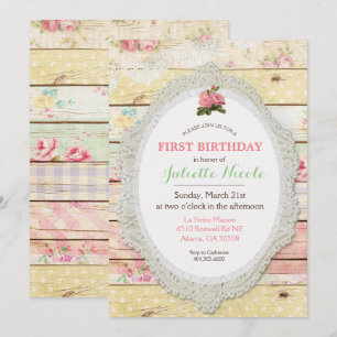 Invitation de premier anniversaire en bois floral 