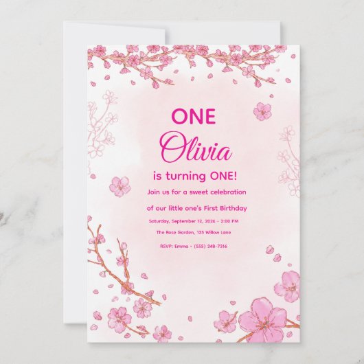 Invitation de premier anniversaire Fleur de cerisi (Devant)