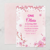 Invitation de premier anniversaire Fleur de cerisi (Devant / Derrière)