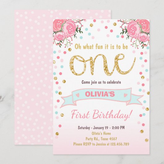 Invitation de premier anniversaire floral Fille Ro (Devant / Derrière)