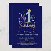 Invitation de premier anniversaire garçons bleu et (Devant / Derrière)