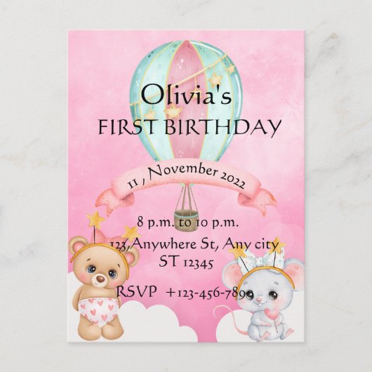 Invitation de premier anniversaire jolie (Devant)