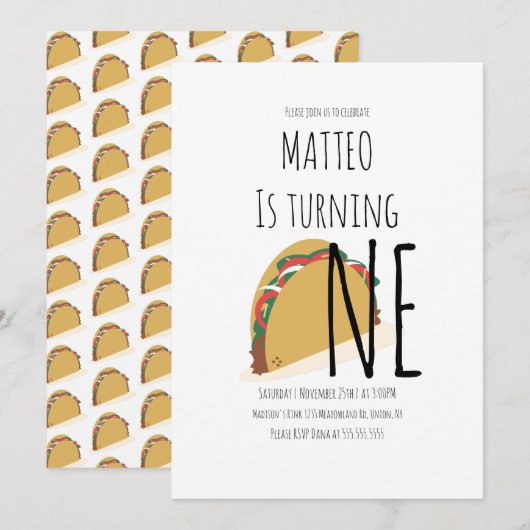 Invitation de premier anniversaire moderne taco (Devant / Derrière)