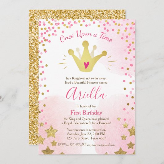 Invitation de premier anniversaire Princesse Gold (Devant / Derrière)