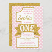 Invitation de premier anniversaire rose et or (Devant / Derrière)