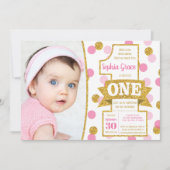 Invitation de premier anniversaire rose et or | Co (Devant)