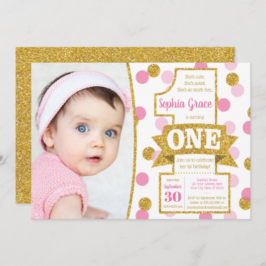 Invitation de premier anniversaire rose et or | Co (Devant / Derrière)