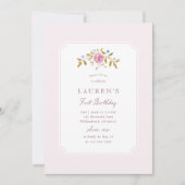 Invitation de premier anniversaire rose faon vinta (Devant)