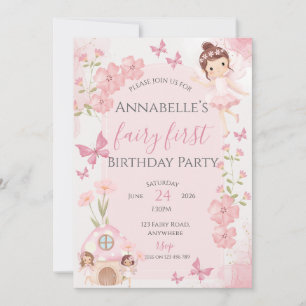 Invitation de premier anniversaire rose fée