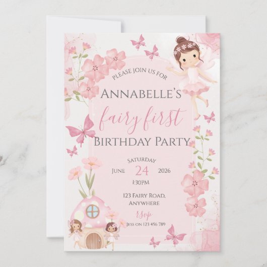 Invitation de premier anniversaire rose fée (Devant)