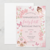 Invitation de premier anniversaire rose fée (Devant / Derrière)