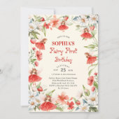 Invitation de premier anniversaire rouge de jardin (Devant)
