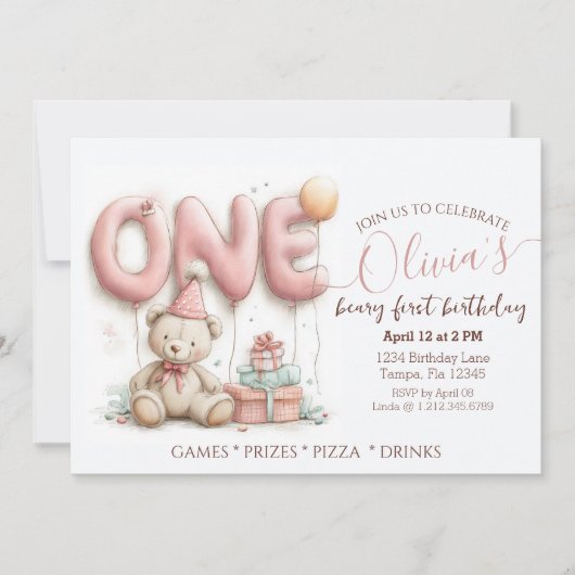Invitation de premier anniversaire sucré avec ours (Devant)