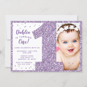 Invitation de premier anniversaire violet, faux br