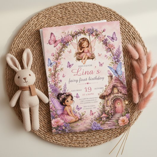 Invitation de première année de fée, forêt rose