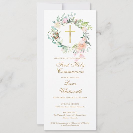 Invitation de première communion avec croix dorée  (Devant)