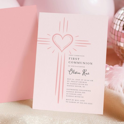 Invitation de Première Communion avec croix et cœu