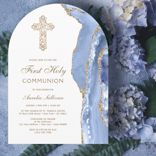 Invitation de première communion en agate bleu ble