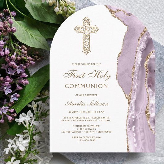 Invitation de première communion en agate lilas po