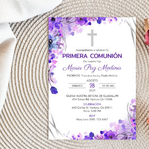 Invitation de Première Communion Fleurs Violettes