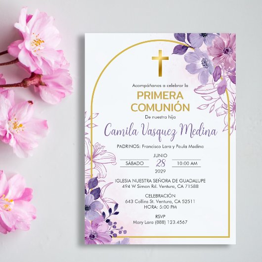 Invitation de Première Communion Fleurs Violettes 