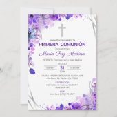Invitation de Première Communion Fleurs Violettes  (Devant)