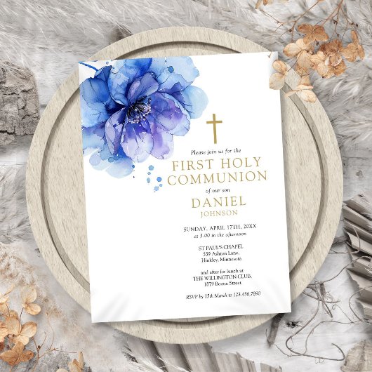 Invitation de première communion florale aquarelle