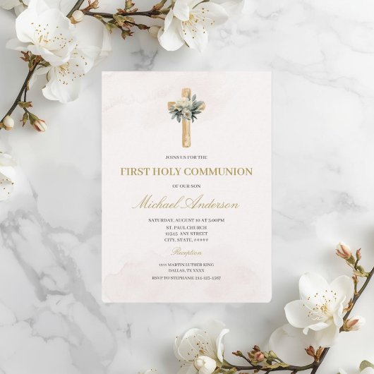 Invitation de première communion florale beige