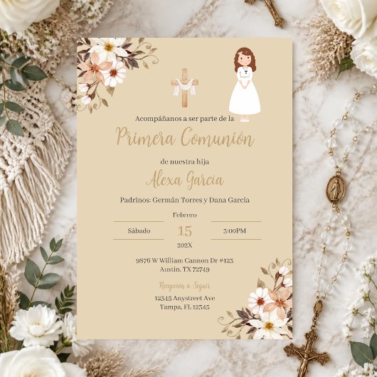 Invitation de première communion florale beige