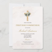 Invitation de première communion florale beige (Devant)